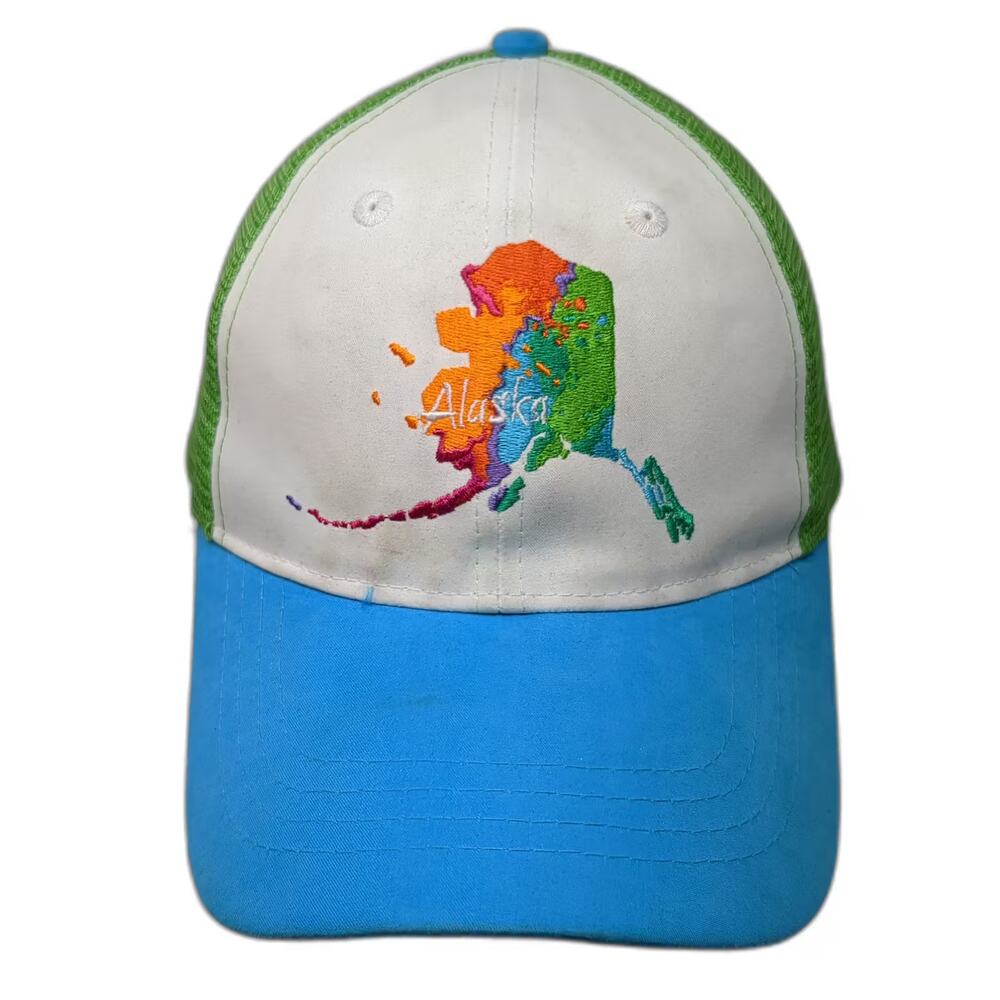 ACE USA Trucker Hat White Blue Snapback OS Embroidered Alaska Map Graphic Mesh
